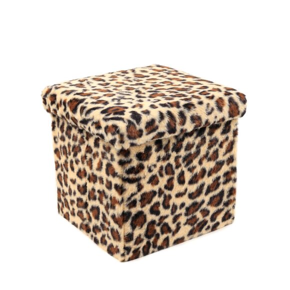 Go-Poufs Knock-Down Small Cube Faux Fur Storage Ottoman | Leopard | 12"x12"x12" - Picture 3 of 5